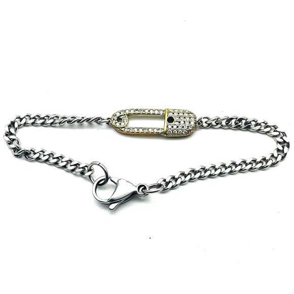 Unbranded Jewelry - Pave Rhinestone Diaper Pin Charm Bracelet Mixed Metal Tones Classic Shower Gift